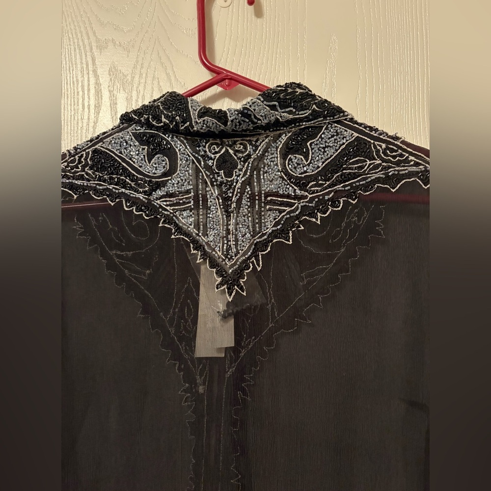 NWT For Joseph 100% Silk Black Sheer Hand-beaded Blouse Scalloped Hem Large - Picture 13 of 16
